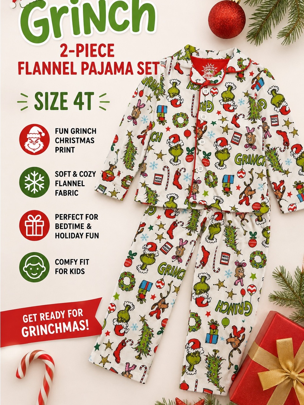 Dr. Seuss Grinch 2-Piece Flannel Pajama Set - White, Red, Green